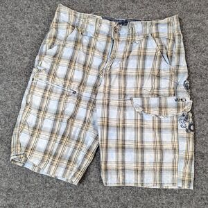 Vurt Mens Plaid Cargo Shorts Blue Tan‎ Graphic W32 Streetwear Utility